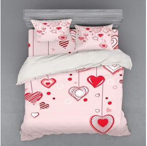 Love Bedding Set, Contour Hearts Hanging on Strings Romantic Anniversary Celebration Happy Print, 4 Piece Duvet Cover Set with Shams and Fitted Sheet, King Size, Rose Red Pink