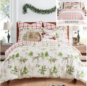 Sleigh Bells Duvet Cover Set - King Holiday Duvet Cover 106x94 and Two King Pillow Cases 20x36 - Christmas Tree and Reindeer - White Green and Red - Cotton